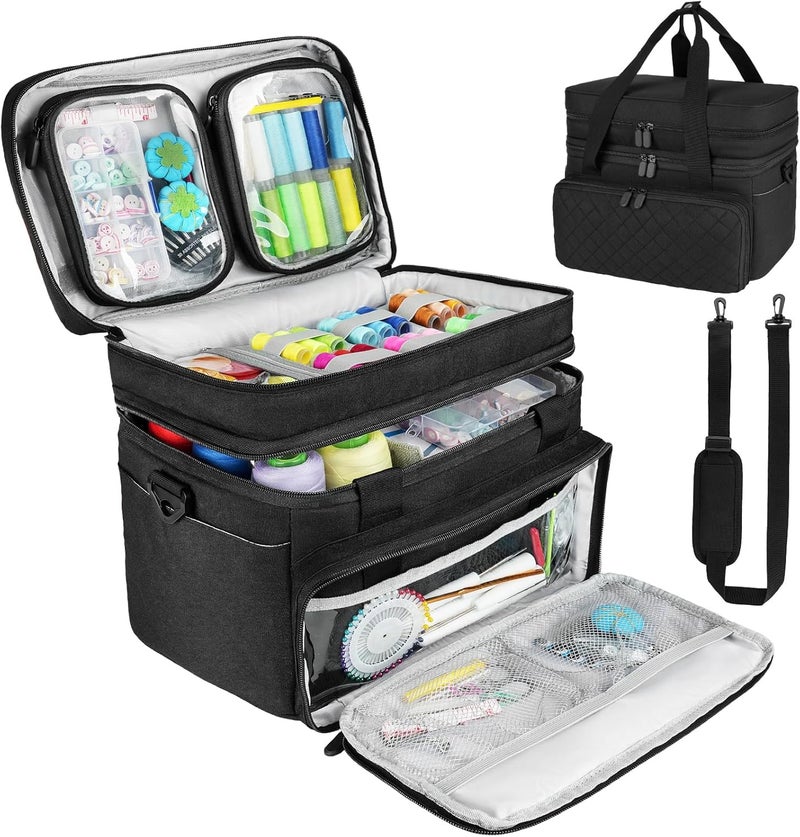 MRINCA Sewing Accessories Organizer Case with Shoulder Strap,Double Layer Sewing Storage Bag with 2 Detachable Pouches for Sewing Accessories and Supplies,Large Travel Sewing Box for Sewing kit Tools,Black - Image 1